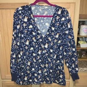 Women’s dog and cat all over print long sleeve scrub jacket preowned size large